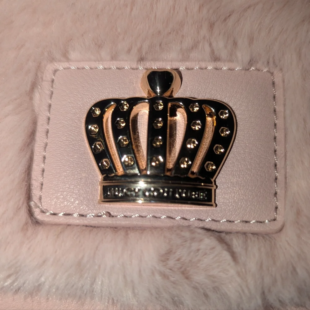 Juicy Couture Pink Faux Fur Crossbody Bag with Crown Emblem And Pom Pom Keychain
